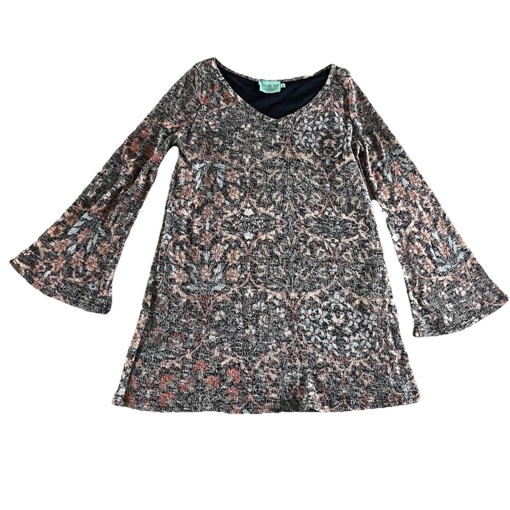 Judith March Knit Tunic Size Large Brown Mini Dress Bell Sleeves Lined